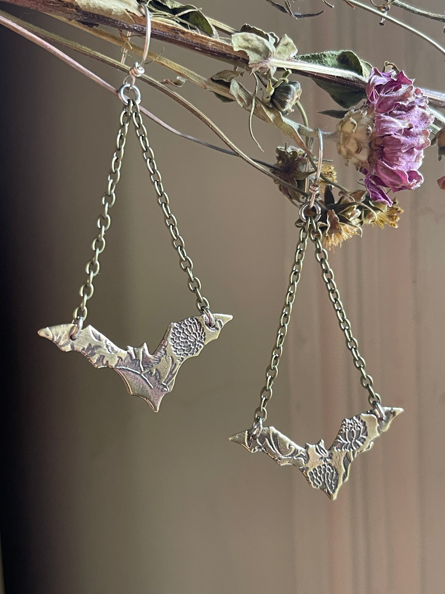 Floral Bats • Brass Dangle Earrings and Necklace
