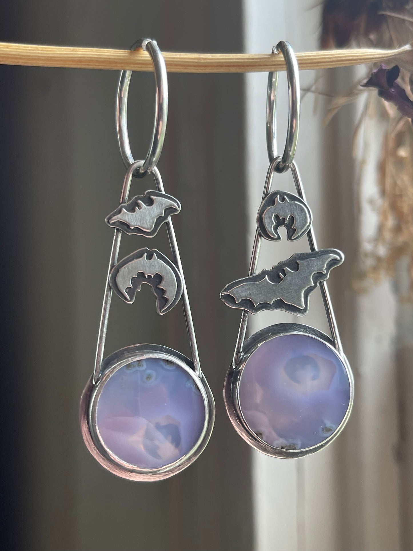 Crypt Keepers: Purple Moss Agate Batty Statement Earrings
