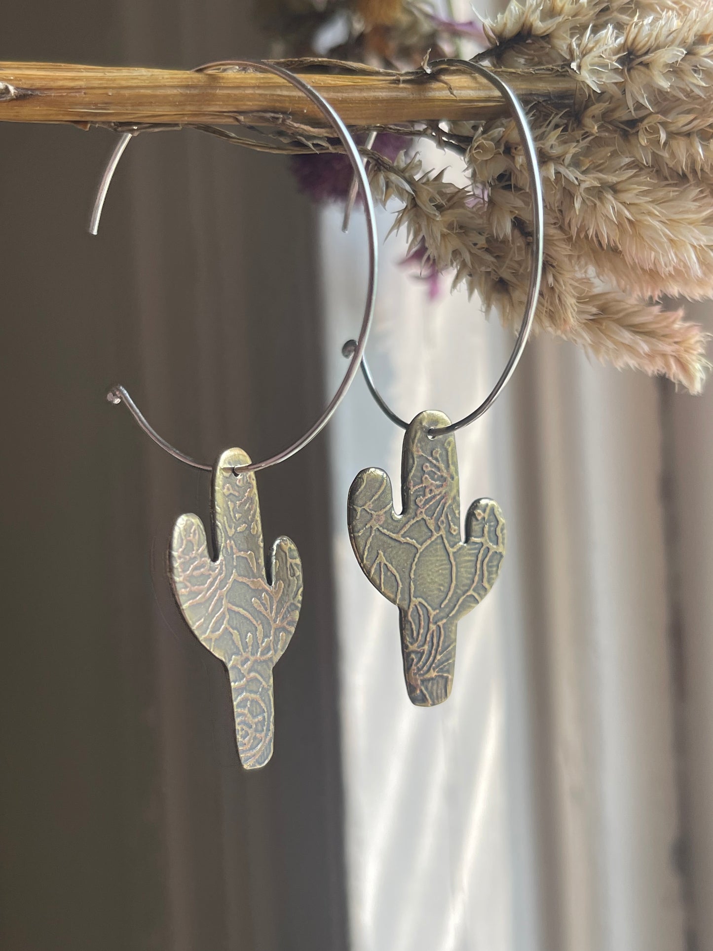 Etched Cactus Hoop Dangle Earrings