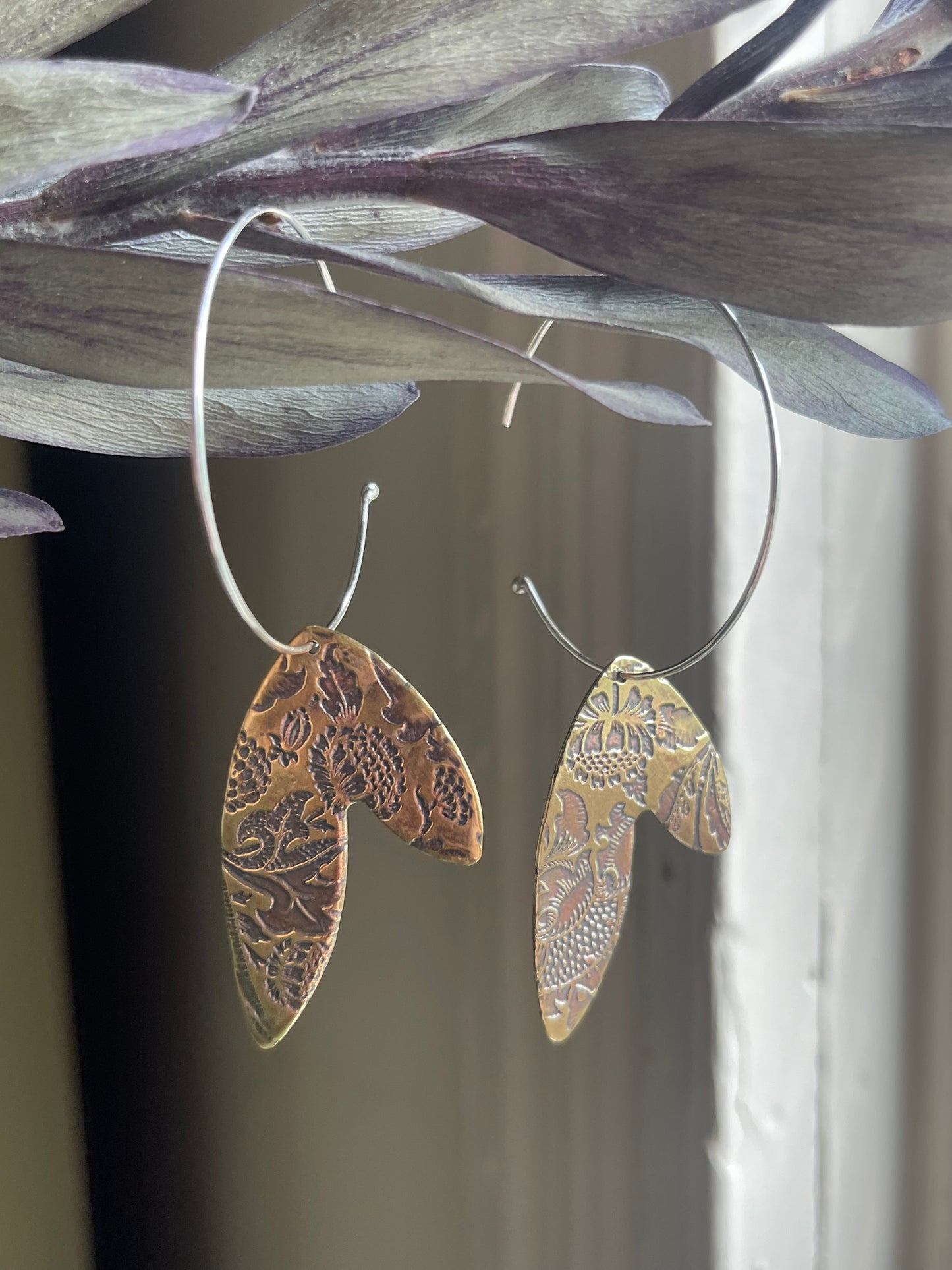 Etched Leaves Metal Hoop Dangle Earrings