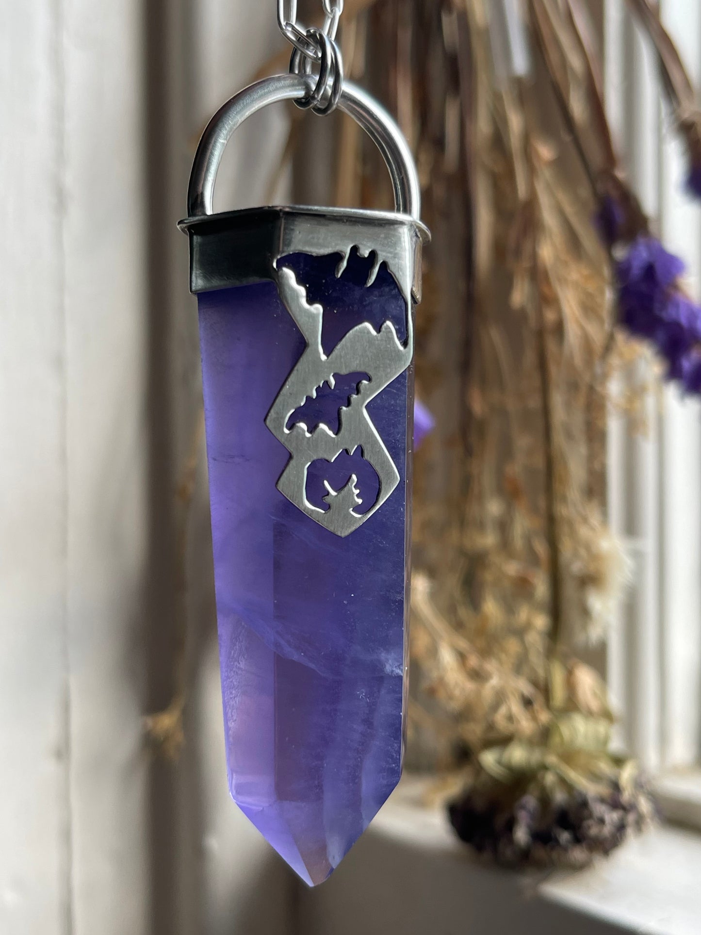 Graveyard Flowers: Purple Fluorite Crystal Batty Statement Pendant