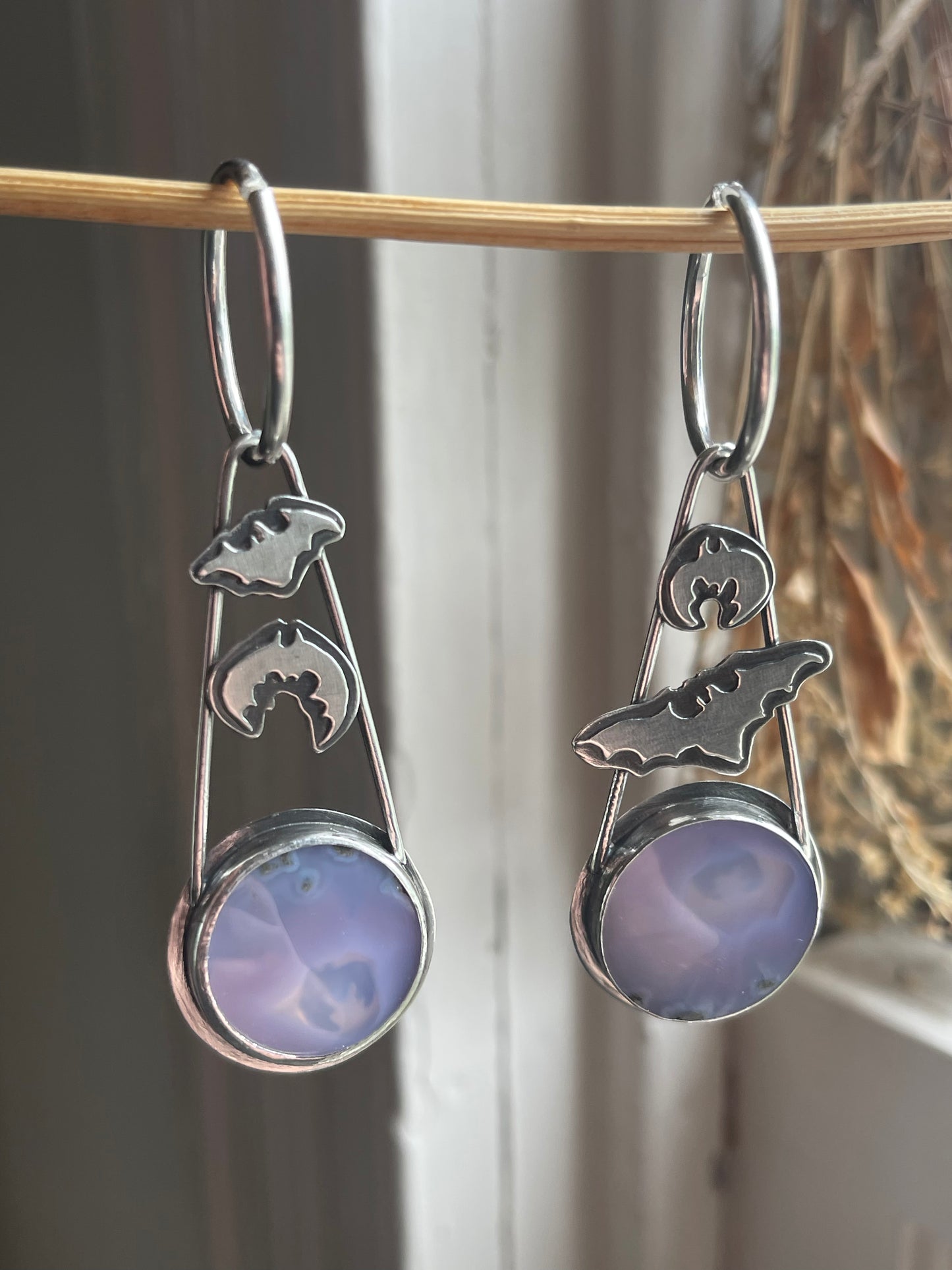 Crypt Keepers: Purple Moss Agate Batty Statement Earrings