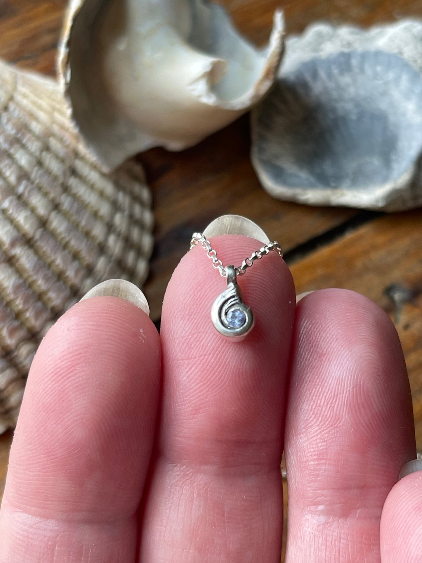 Tiny Tanzanite Swirly Shell Necklace