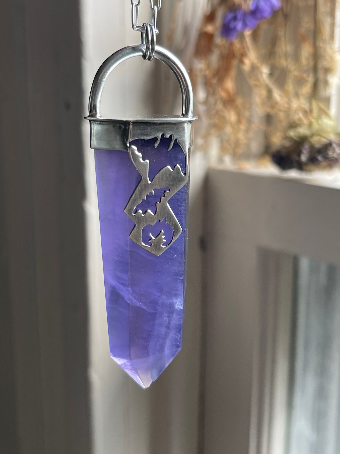 Graveyard Flowers: Purple Fluorite Crystal Batty Statement Pendant