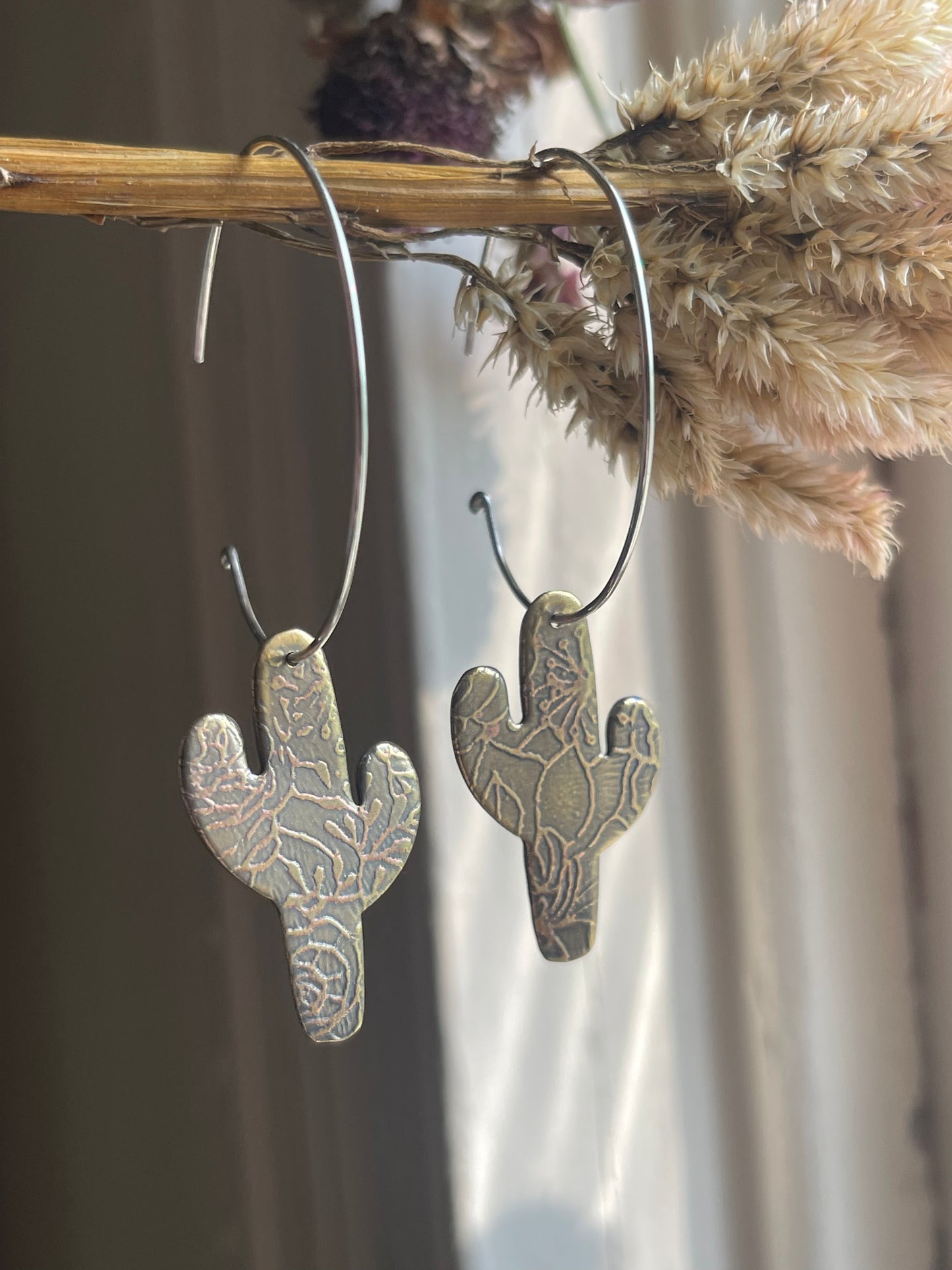 Etched Cactus Hoop Dangle Earrings