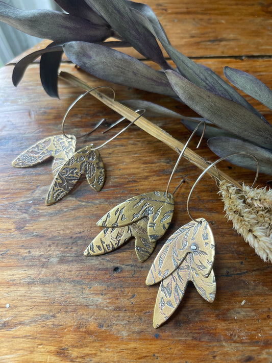 Etched Leaves Metal Hoop Dangle Earrings