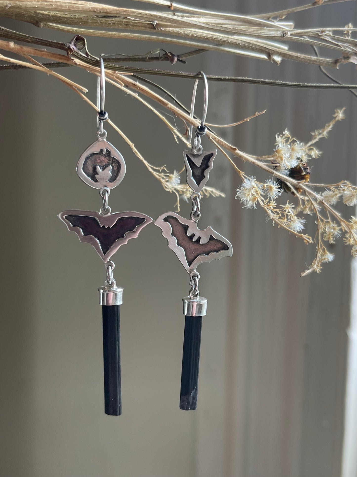 Grounded: Black Tourmaline Crystal Bat Dangle Earrings